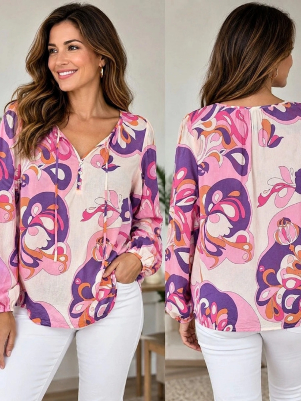 Talbots Petite 100% Cotton Colorful Paisley Floral Blouse Pink Purple